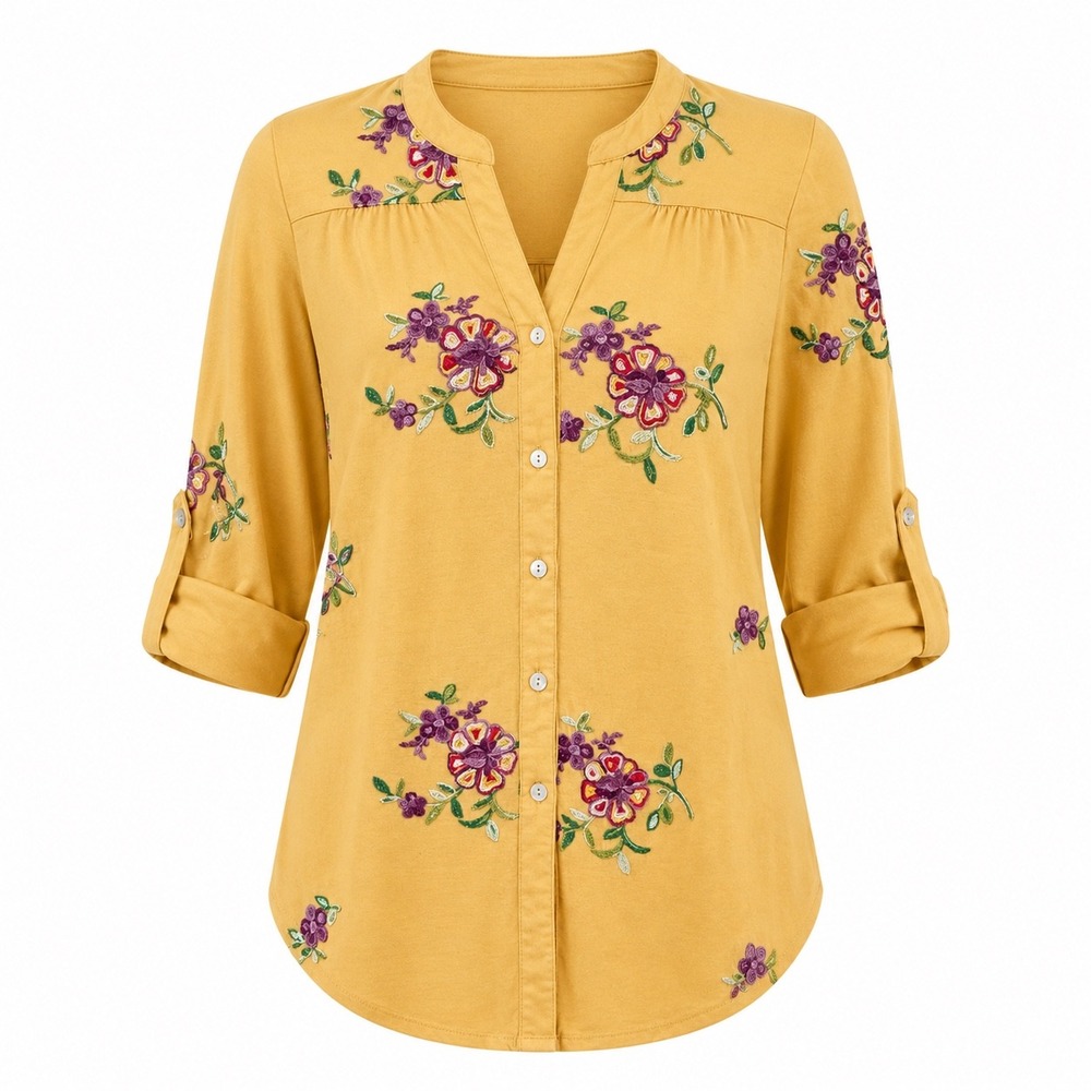 Figueroa & Flower Yellow Floral Embroidered Roll Tab Sleeve Button Down Top S - Picture 2 of 14